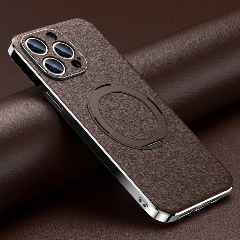 Leather for Magsafe Case for iPhone 16 15 14 Pro Max 16Pro Ring Luxury Lens Protection Holder Phone Back Cover