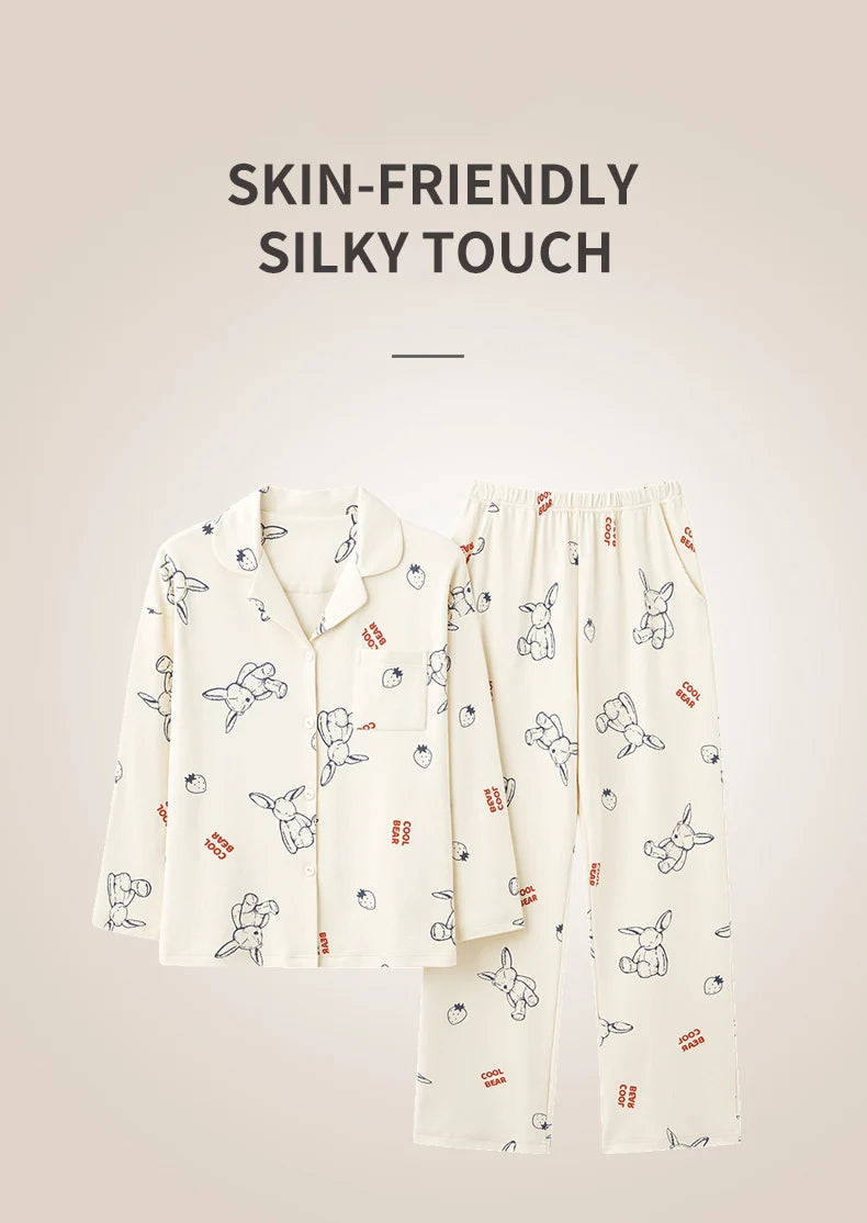 Women’s Winter 100% Cotton Pajama Set – Loose Fit, Turn-Down Collar, Long Sleeves, Cute Pink