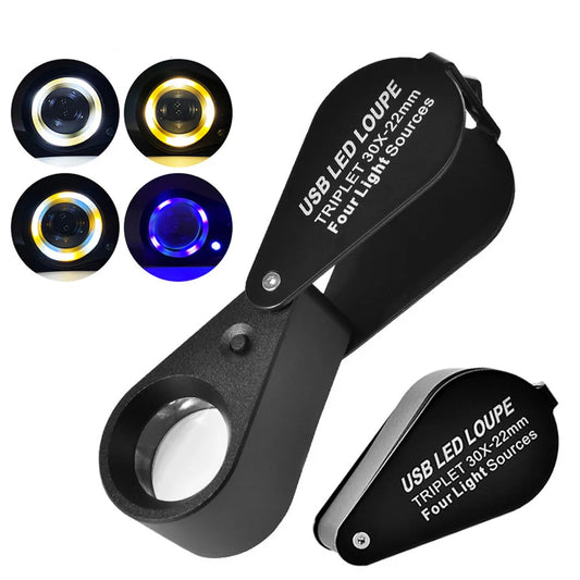 30X Rechargeable LED UV Jewelry Loupe 4 Light Modes Pocket Magnifier