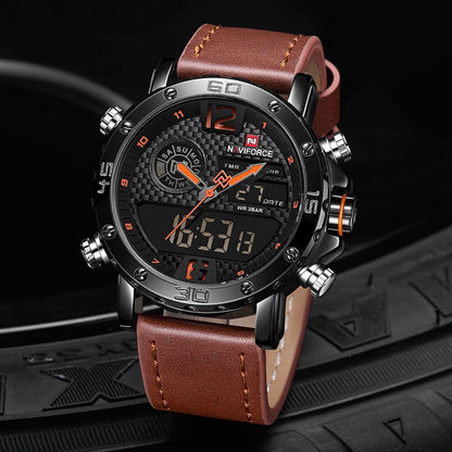 Men Leather Sports Watches Men's Quartz LED Digital Clock Waterproof Military Wrist Watch