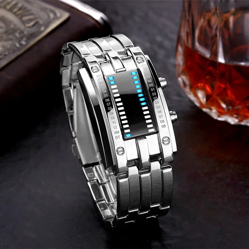 Business Men Stainless Steel Blue Binary Luminous LED Electronic Watch Displays Waterproof Fashion Women Led Watch