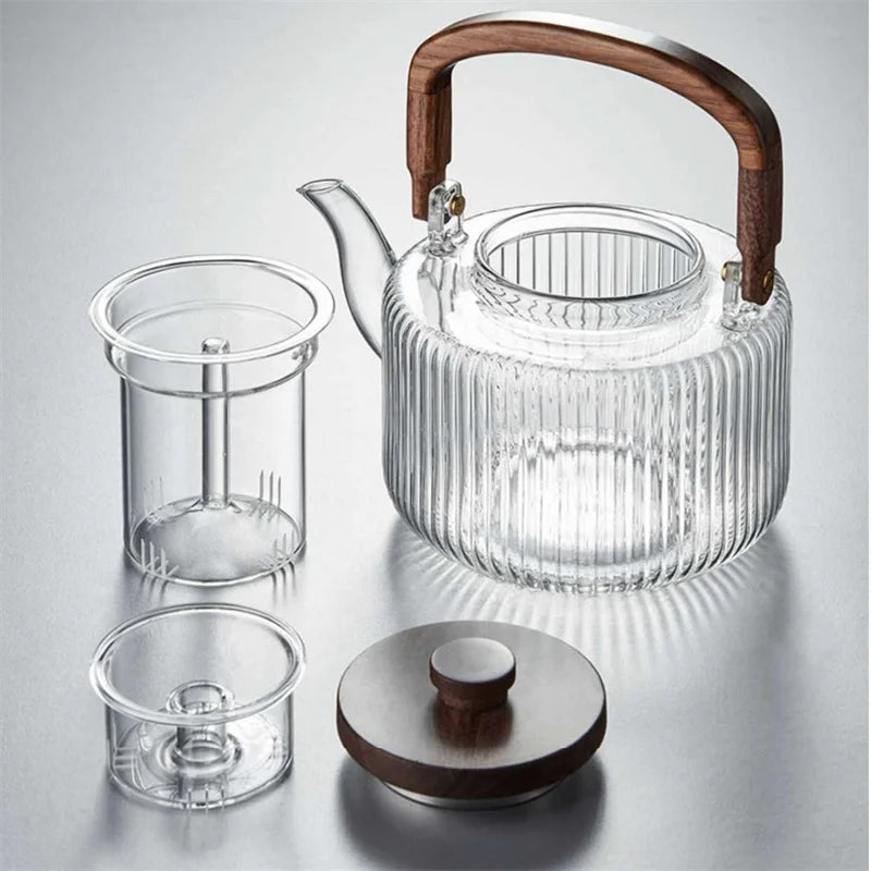 Large Capacity 1300ml Stripe Pattern Glass Teapot with Wooden Beam Handle