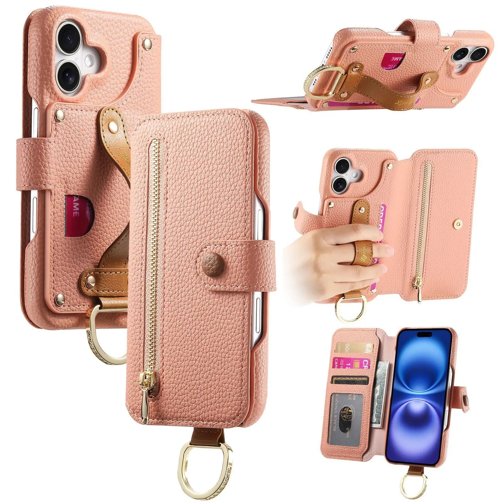 Wallet Flip Case for iPhone 16 15 Pro Max 14 Plus 16Pro 14Pro 15Pro Leather Strap Card Slots Zipper Cover