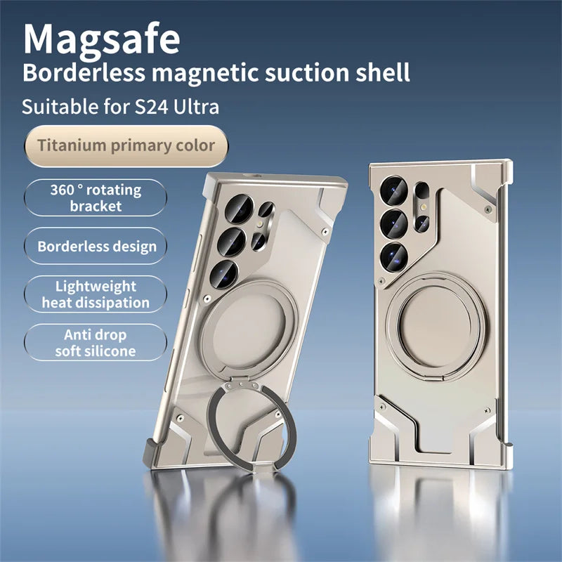 Luxury Metal 360 ° frameless Phone Case For Samsung S 24 23 Ultra Transparent Rotating Bracket Anti Drop Airbag Phone Case