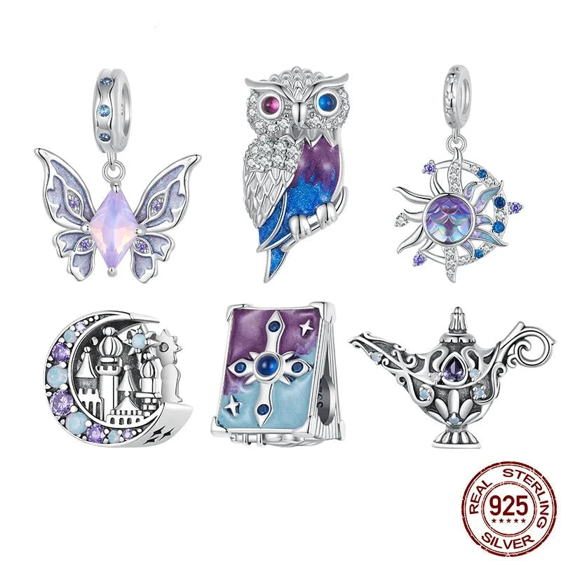 925 Sterling Silver Magic Owl Charms Purple Butterfly Pendant Openable Book Beads