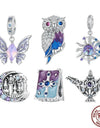 925 Sterling Silver Magic Owl Charms Purple Butterfly Pendant Openable Book Beads