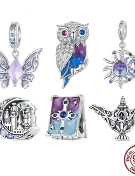 925 Sterling Silver Magic Owl Charms Purple Butterfly Pendant Openable Book Beads
