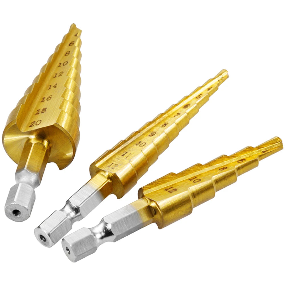 3pc 3-12mm 4-12mm 4-20mm HSS Straight Groove Step Drill Bit Set Titanium Coated Wood Metal Hole Cutter Core Drill Bit Set