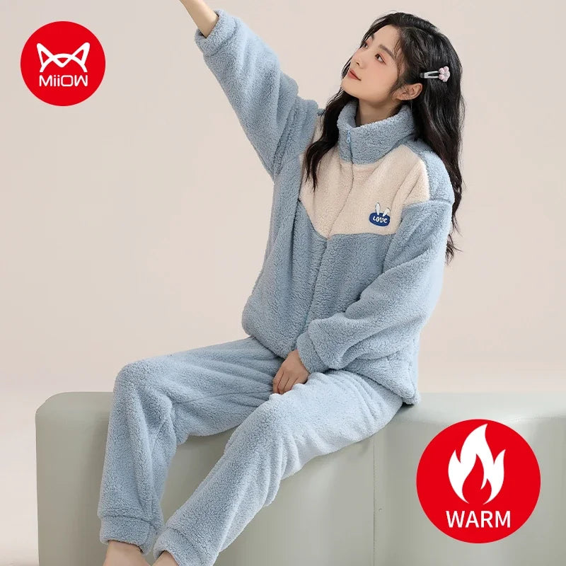 Women’s Winter Flannel Pajama Set – Warm Coral Fleece Loungewear with Cute Bunny Design