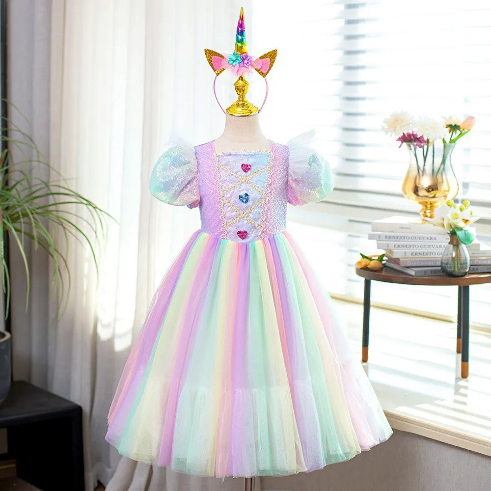 Rainbow Gradient Princess Ball Gown with Puff Bubble Sleeves