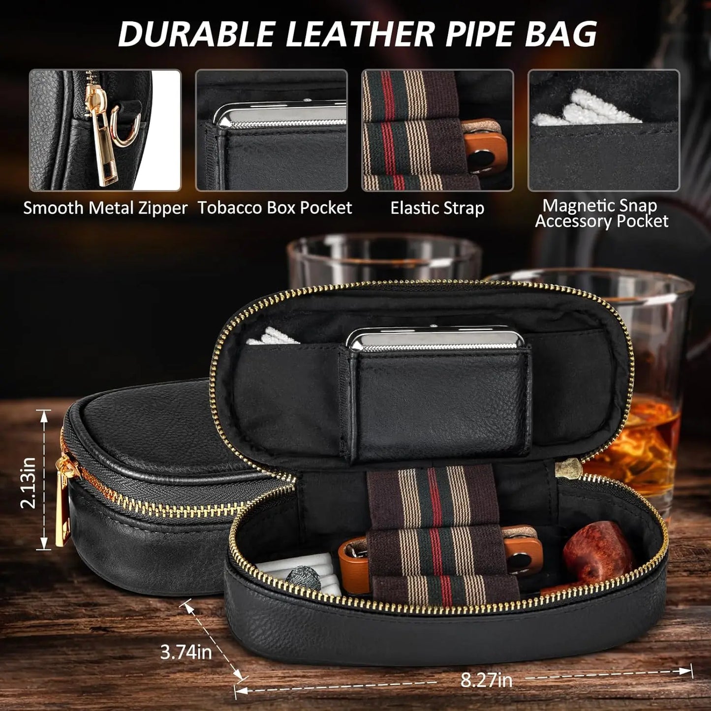 PU Leather Pipe Set, 4 in 1 Pipe Stand, Screens,Pipe Cleaners,Pipe Bit and Small Box,Wood Pipe Accessories