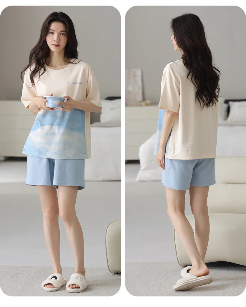 2-Pcs Women’s Cotton Pajama Set – Breathable Short Sleeve Summer Sleepwear with Cute Prints