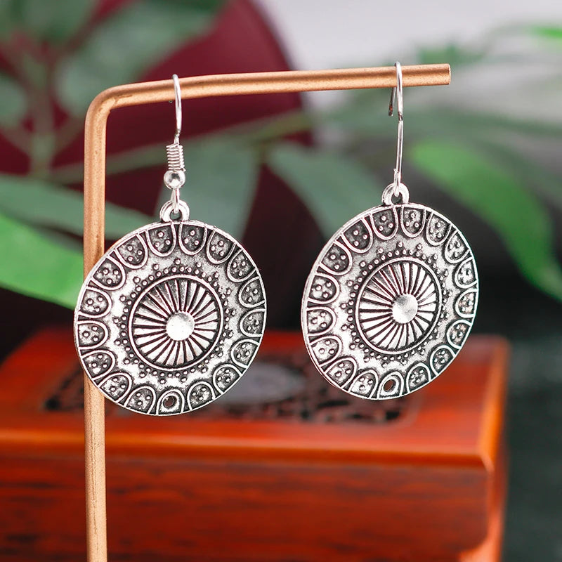 Statement Bohemian Vintage Ethnic Big Round Drop Earring Long Carved Flowers Drop Earrings For Women