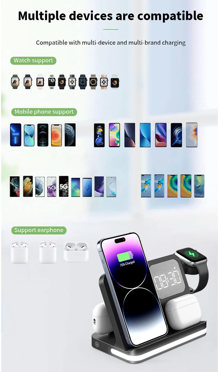 Four in one desktop clock wireless charger that can charge phones, headphones, and watches simultaneously