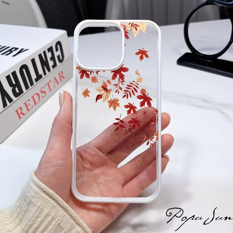 Transparent Fallen Leaves Flower Phone Case For iPhone 16 15 14 Pro Max 15 14 16 Plus Maple Leaf Clear Funda Back Cover