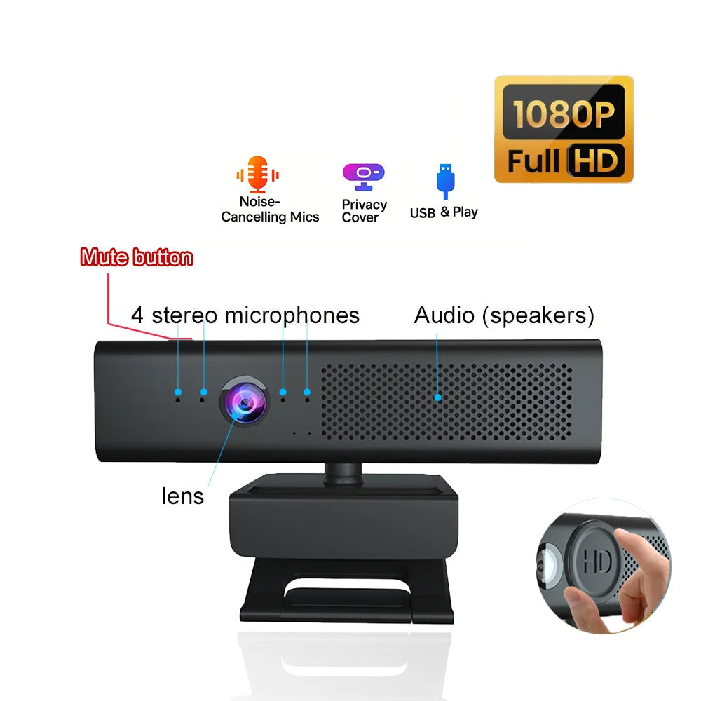 1080P HD Webcam Conference Camera Mini Cam Dual Microphone megnetic Privacy Cover Patented Design for Live Streaming PC Laptop