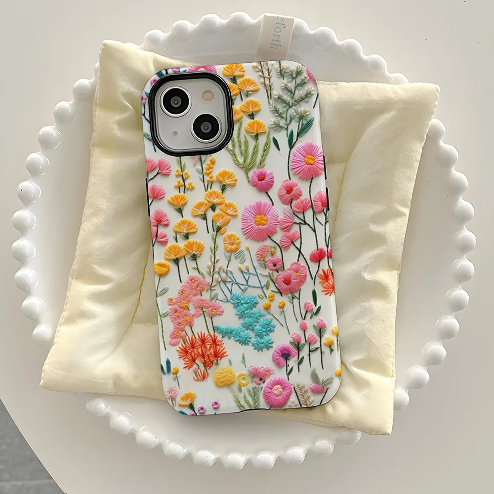 Wildflower Boho Embroidery Effect Flower Case for iPhone 16 15 Pro Max 14 Plus Protective 2 in 1 Double Deck Cover