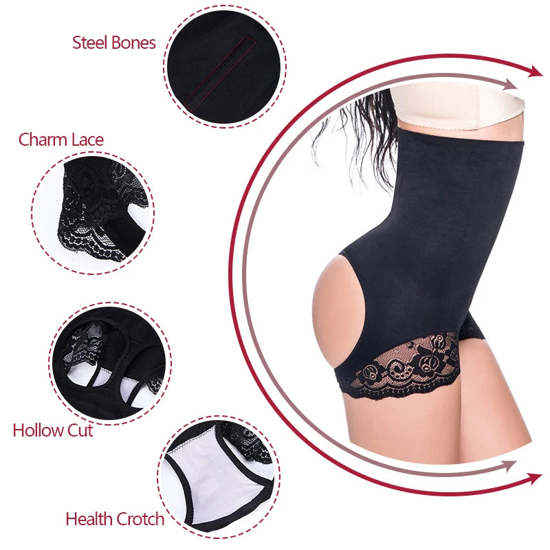 High Waist Tummy Control Panties Women Shapewear Lace Trim Hollow Cut Butt Lifter Body Shaper Sculpting Briefs Underwear Nude