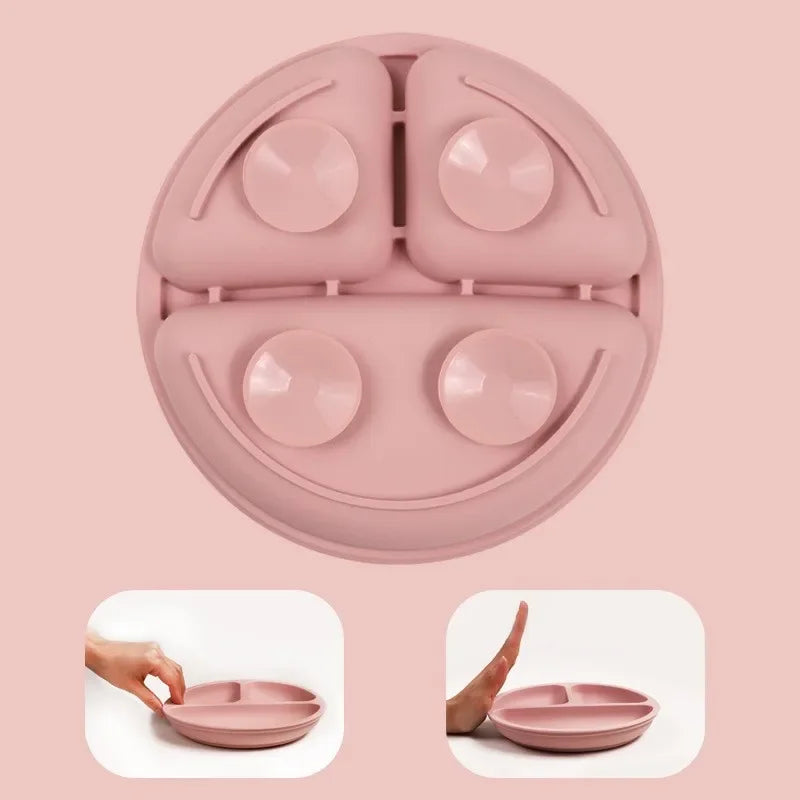 BPA Free Silicone  Plate with Spoon Fork Bibs  Dishes Safe  Dining Plate with Suction Smile Face Plates for s