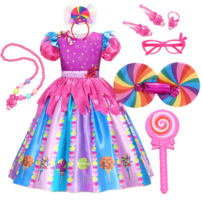 Girls Candy Dress Costumes for Purim Party Newborn Baby Teenagers Handmade Lollipop Cosplay Rainbow Mesh Princess Dress