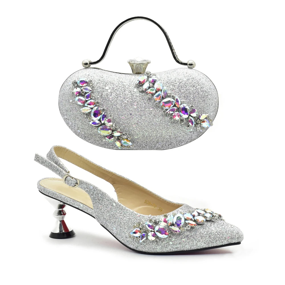 Nigeria Fashion Bag and Mid-Heel Pointed Shoes Girly Party Shoes and Bag Set Decorated with Rhinestone Wedding Shoes Bride