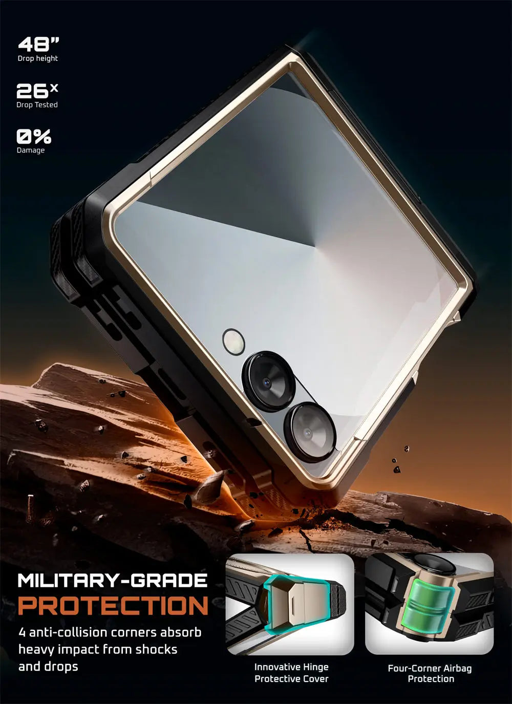 For Samsung Galaxy Z Flip 7 Case UB Grip Military-Grade Rugged Back Phone Case with Stand & Front Screen Protector