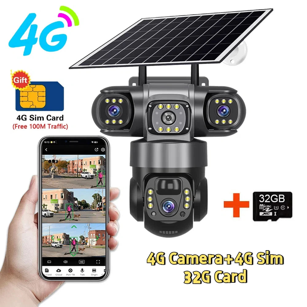 12MP 6K  Outdoor Solar 4G Camera Three Lens Three Screen PIR Motion Detection Cam Waterproof Night Vision Smart Security CCTV