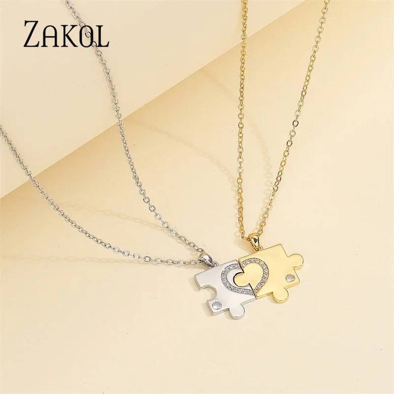 Geometric Puzzle Couple Necklaces for Women Fashion White Gold Color Zircon Pendant