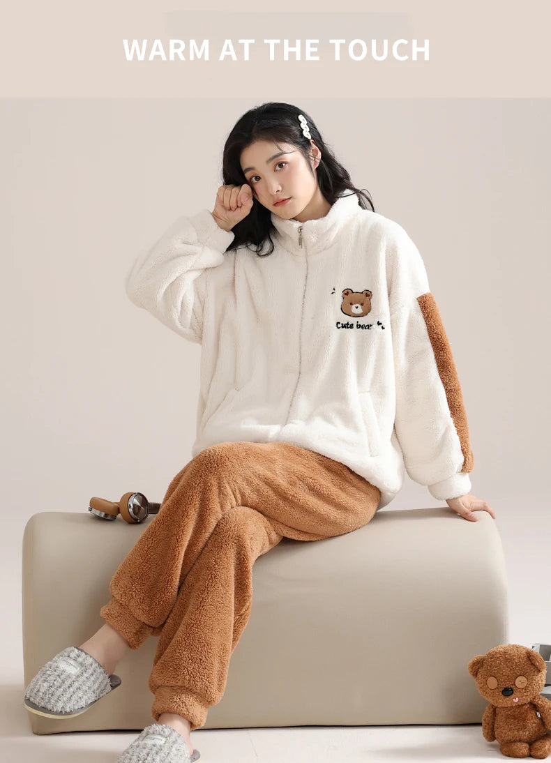 Women’s Winter Flannel Pajama Set – Thick, Soft Coral Fleece with Zipper & Oversized Fit