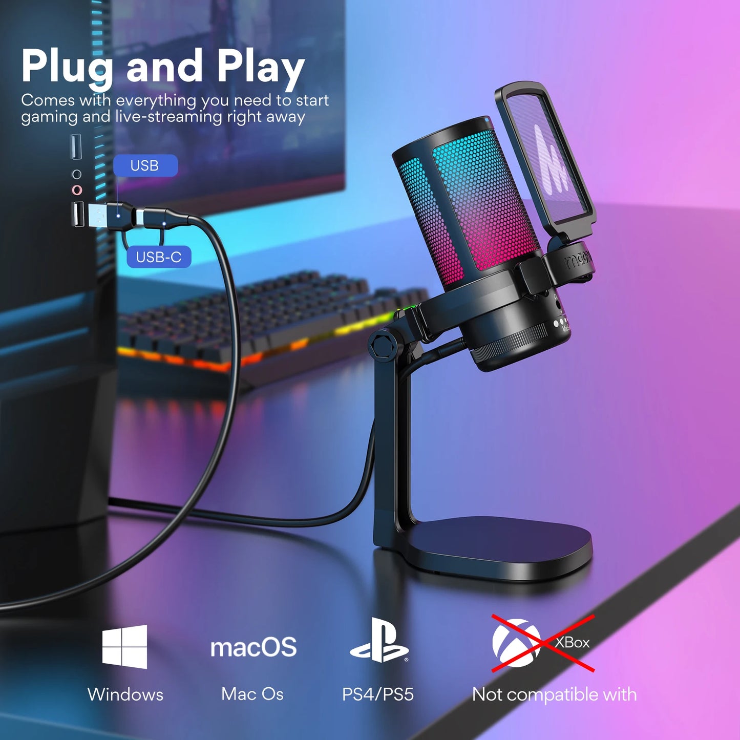 DGM20 Gaming Microphone,USB Microphone Condenser Mic RGB Gaming Mic with Noise reduction software,Mic Gain,One Key Mute