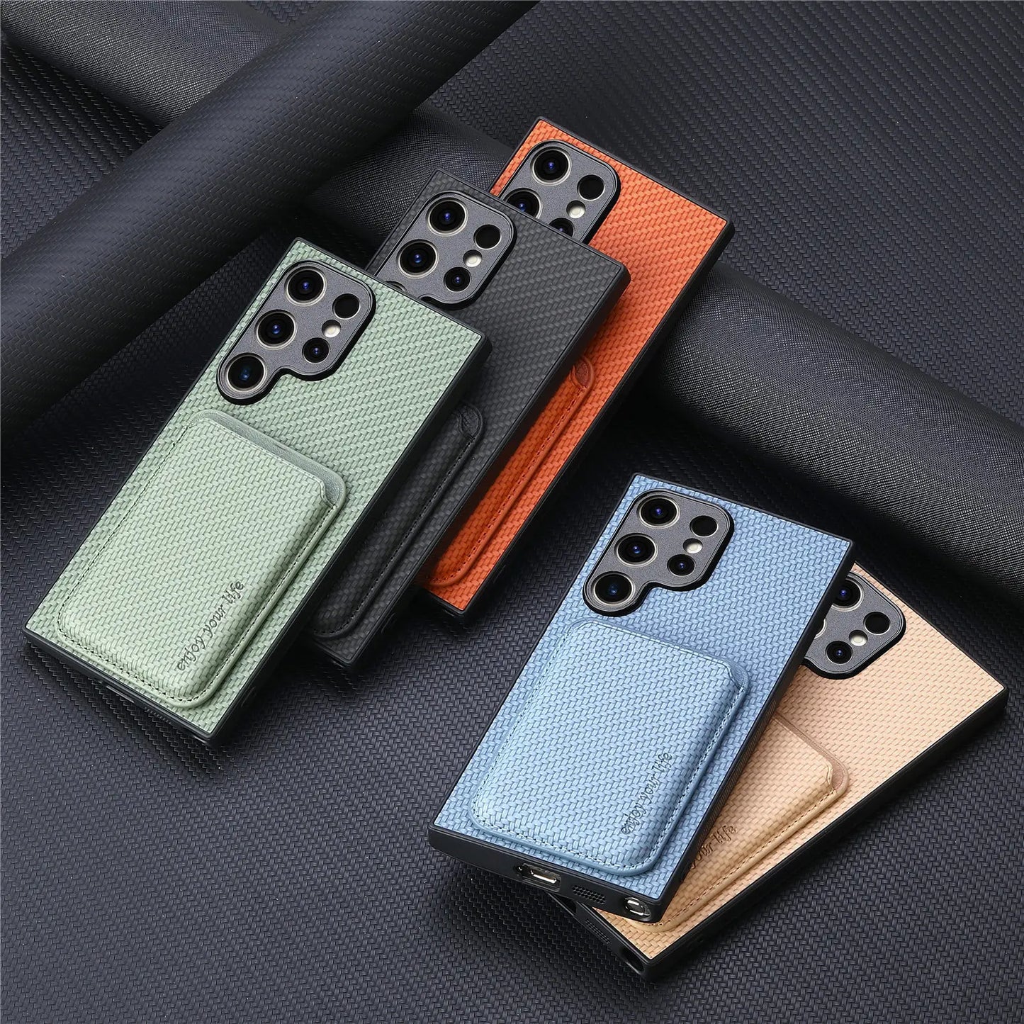 Carbon Fiber Style MagSafe PU Leather Case for Samsung Galaxy S26 / S25 / S24 / S23 Magnetic Card Holder Cover