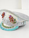 White Steampunk Rhinestone Captain Hat for Burningman Festival Woman, Vintage Military Cap for Man New Designs