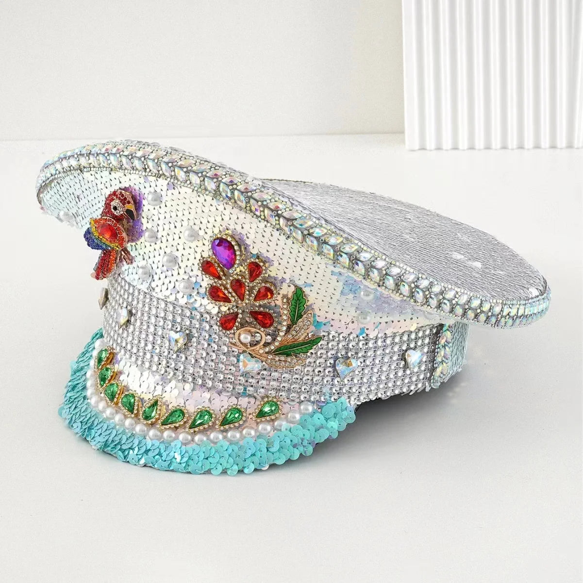 White Steampunk Rhinestone Captain Hat for Burningman Festival Woman, Vintage Military Cap for Man New Designs