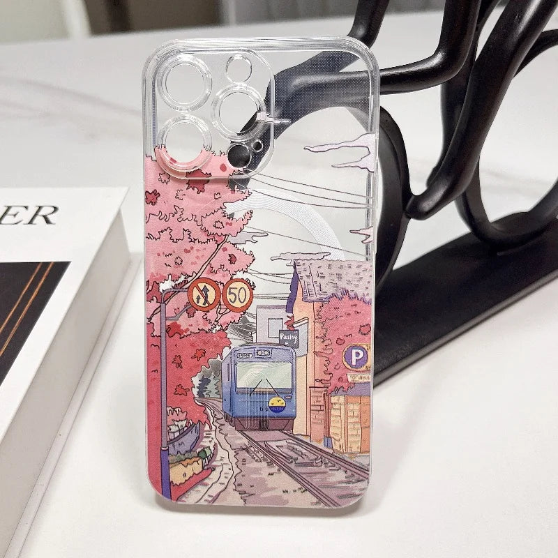 Hand Painted Anime Tram  Case for iPhone 16 15 14 Plus Magsafe Wireless Charge Cover