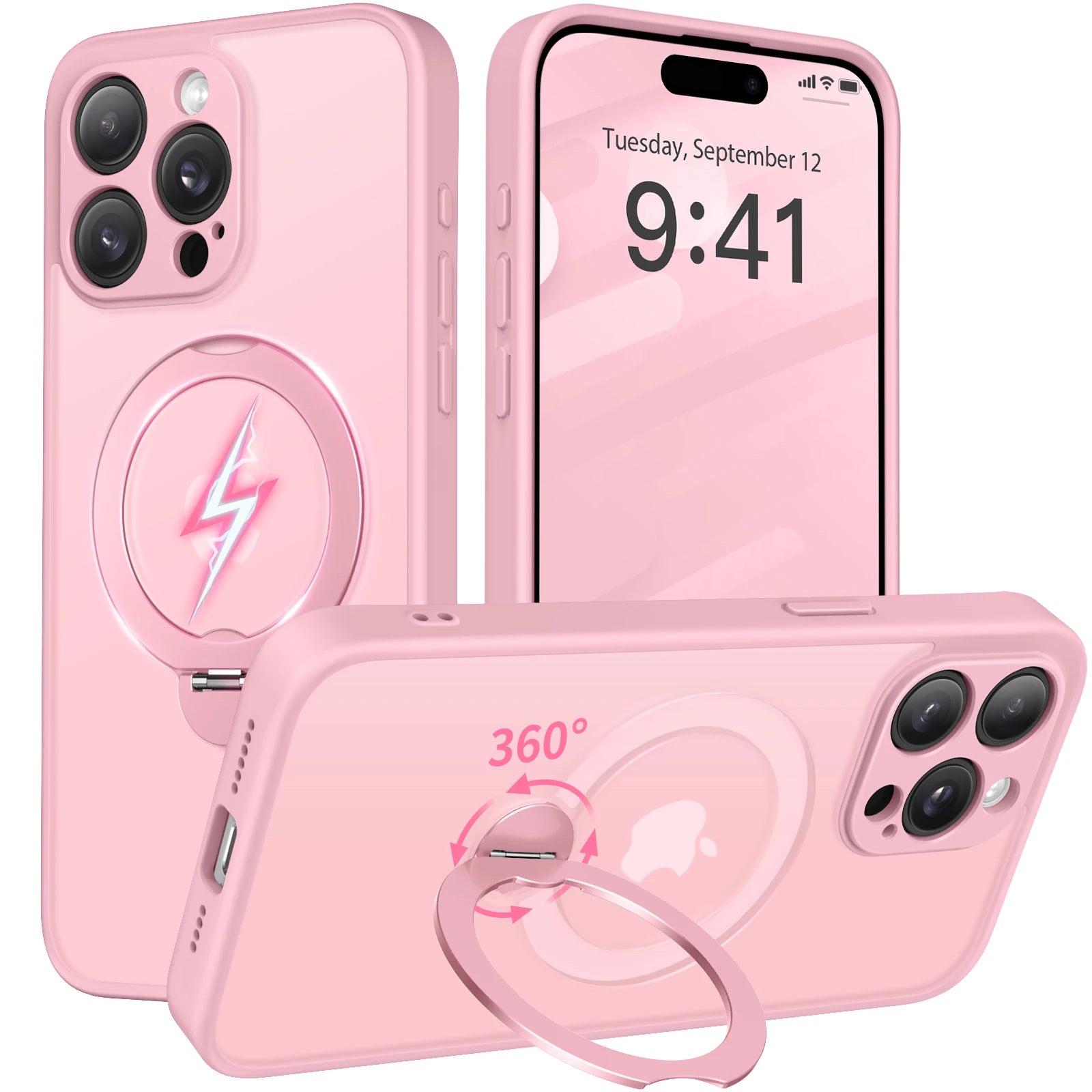 Luxury Magnetic Stand Phone Case for iPhone 15 Pro Max with Lens Protection 360° Rotatable Ring Holder Magsafe Matte Phone Cover