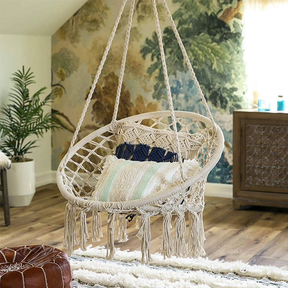 Nordic Style Hammock Chair Tassels Dreamy Round Hanging Chair Cotton Rope Macrame Swing Chairs