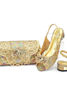 Rhinestone Shoes and Shoulder Bags Low-Heeled Shoes and The Same Style Envelope Bag Nigeria Shoes and Bag Set Italian