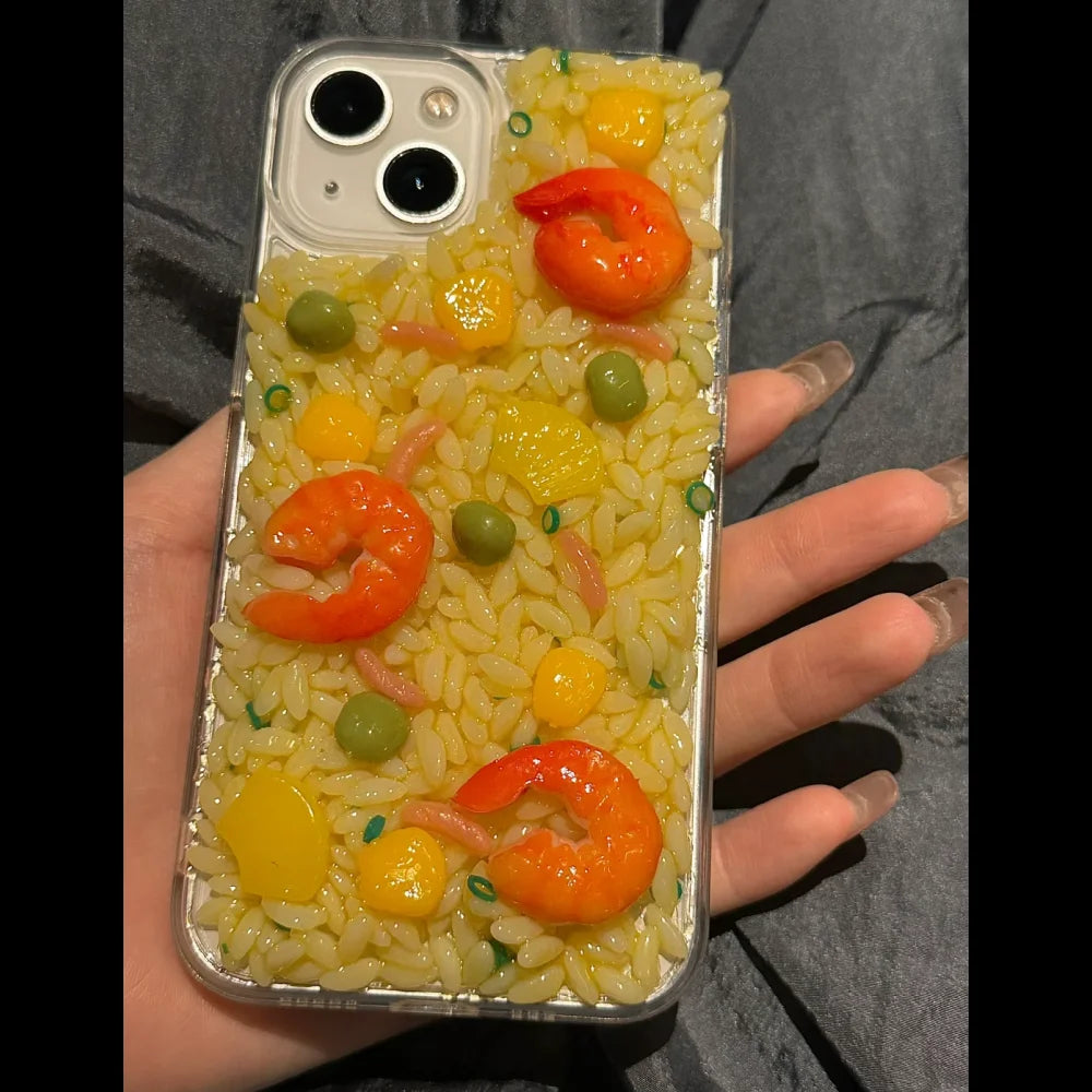 Cute Cartoon Shrimp Corn Fried Rice Phone Case For iPhone 15 13 14 Pro Max Clear Lens Protection Soft Silicone Back Cover