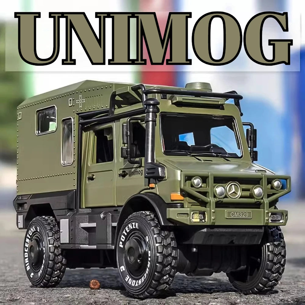 1:28 Scale Unimog U5000 Land Rover Defender Toy Car Model Rubber Tire Alloy Diecast Sound Light Off-Road Vehicle  Toy