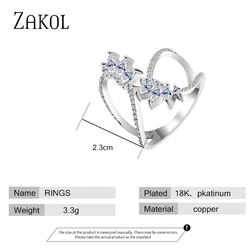 Cute Style White Color CZ Zirconia Leaf Open Rings Geometric Adjustable Ring