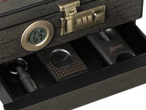 Cigar Humidor, Glass Top Desktop Box with Digital Thermo-Hygrometer, Humidifier, Divider, Accessories Drawer & Combination Lock