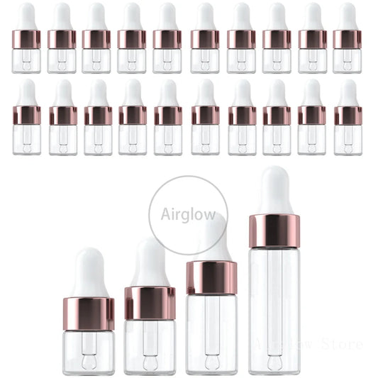 50PCS Mini Dropper Bottles Frosted Glass Empty Essential Oil Aromatherapy Bottles Rose Gold Cap Pipettes Bottles 1ml 2ml 3ml 5ml