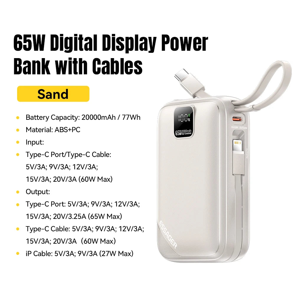 20000mAh 65W Power Bank PD Fast Charging USB-C Portable Charger with Built-in Cables & Digital Display