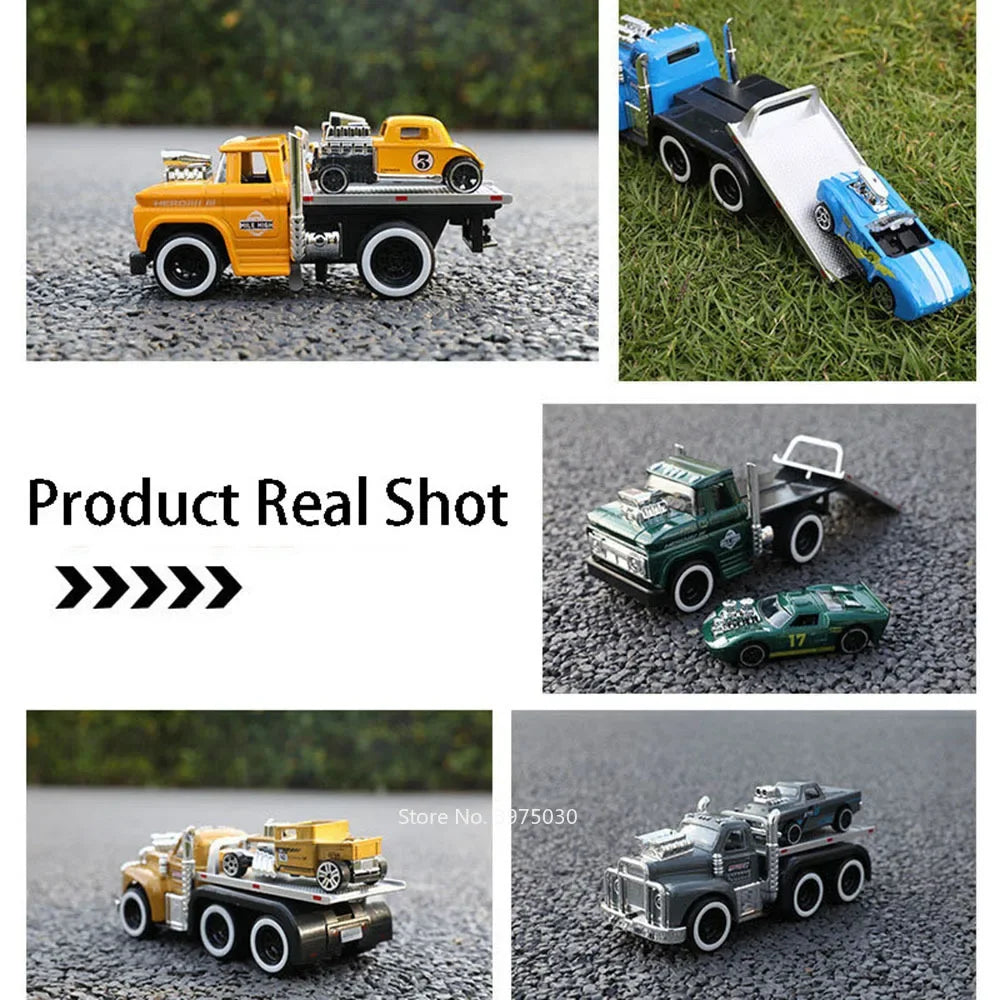 1:60 Scale American Muscle Alloy Trailer Cars Diecast Models Toys with Sound Light Pull Back Vehicle Boys Collection Gifts