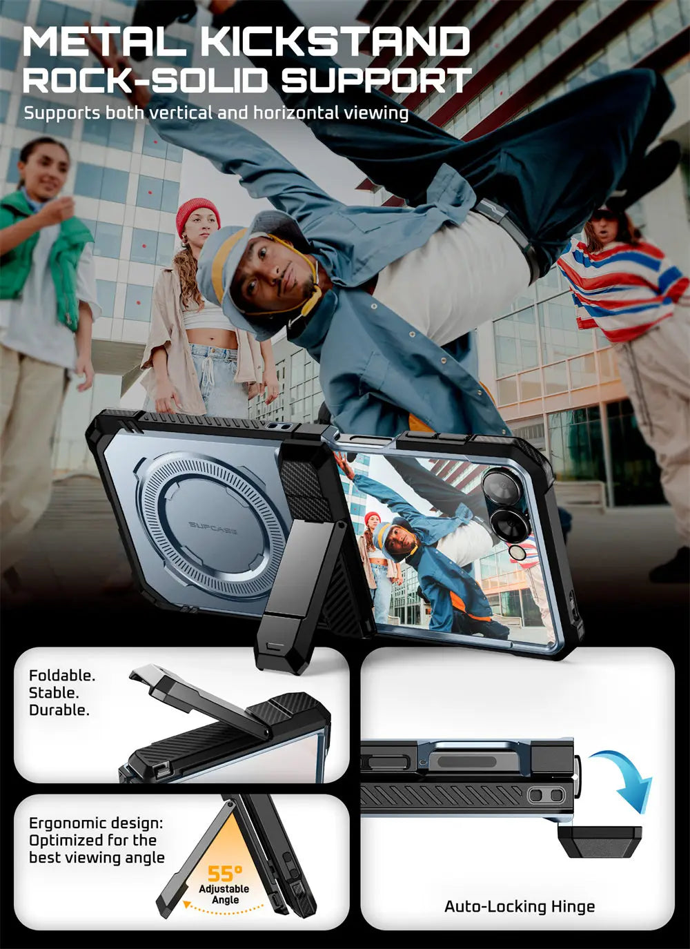 For Samsung Galaxy Z Flip 7 Case UB Grip Military-Grade Rugged Back Phone Case with Stand & Front Screen Protector