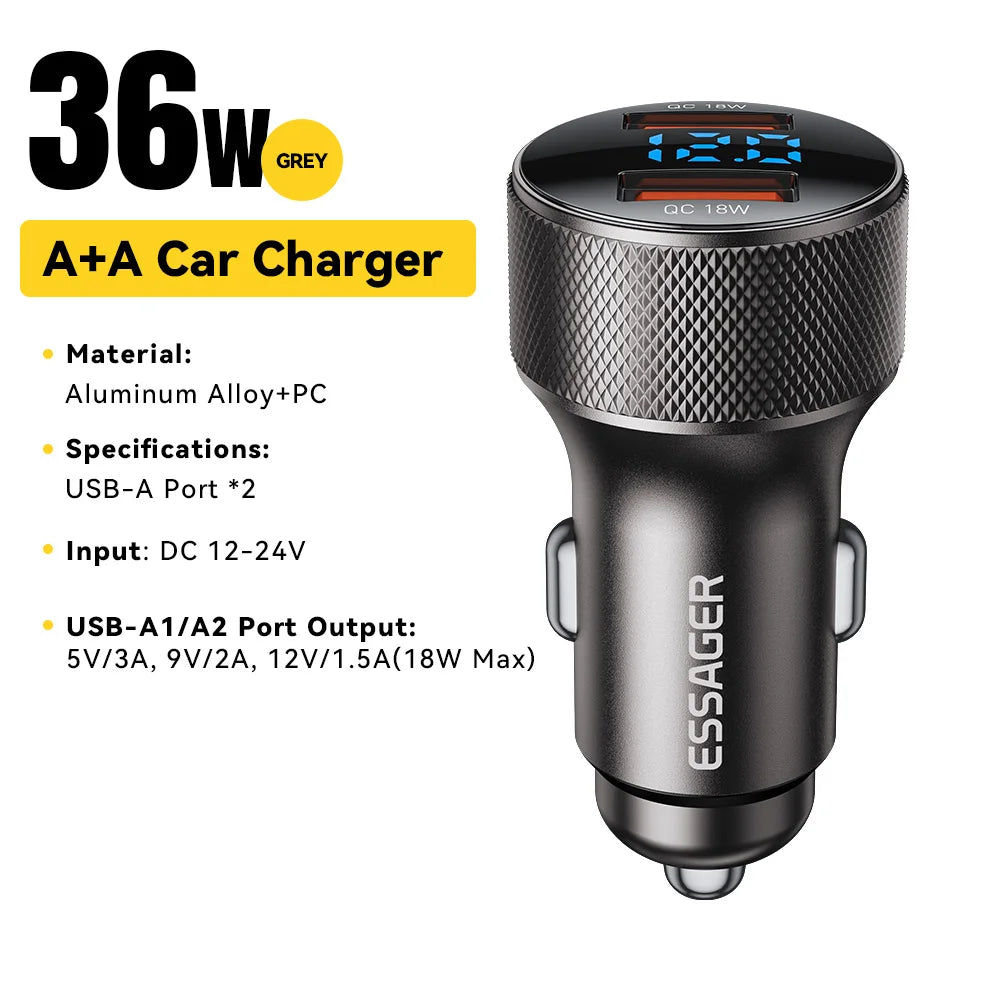 45W USB C Car Charger PD3.0 QC3.0 Fast Charging 2 Port Adapter with Digital Display
