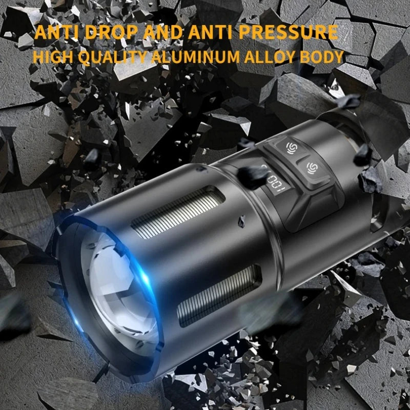 2-in-1 XHP360 High Power Tactical Flashlight Rechargeable Zoom Torch with Camping Light Power Bank Safety Hammer