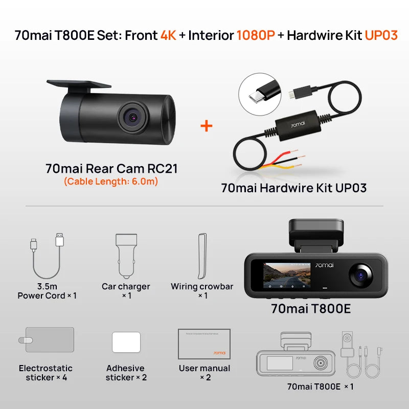T800E 3‑Channel Dash Cam 4K Front + 1080P Rear & Interior Car DVR – HDR, GPS, WiFi 6, Voice Control, Supercapacitor
