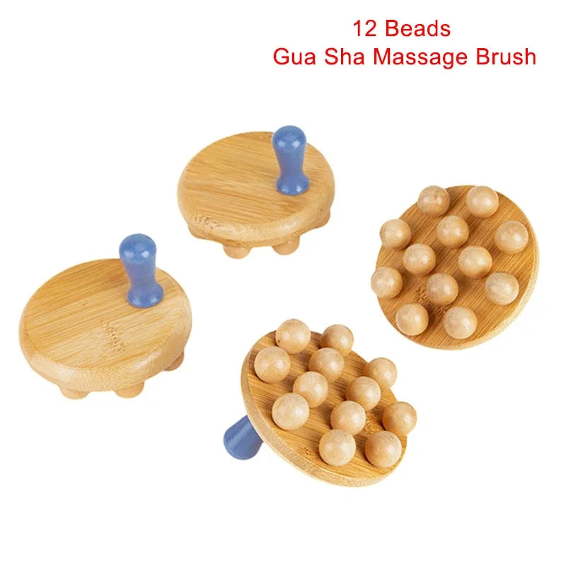 12 Beads Handheld Gua Sha Massage Brush 01 Pcs Natural Wood Waist Leg Body Meridian Scraping SPA Therapy Anti Cellulite Relaxation Tool