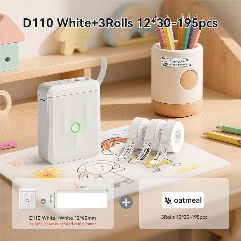 D110 Mini Thermal Label Printer, Bluetooth Portable Smart Label Maker 12–15mm, Inkless Sticker Printer for Home Office Kitchen School